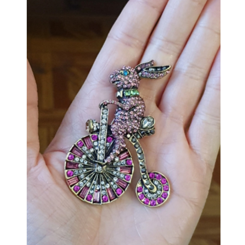 Easter Spring Bunny Brooch Rhinestone Riding Rabbit Animal Pin Gift Jewelry USA