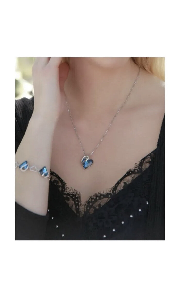 Women Birthstone Heart Silver Necklace Love Crystal Pendant Lady Fashion Gift