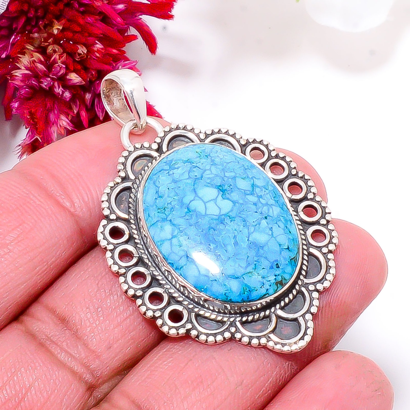 Magnesite Turquoise Gemstone 925 Sterling Silver Bali Pendant 1.95″ Sku14