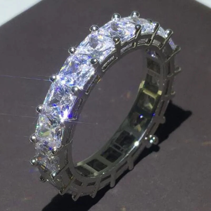 925 Sterling Silver Eternity Band Women Zircon Prong Setting Engagement Jewelry
