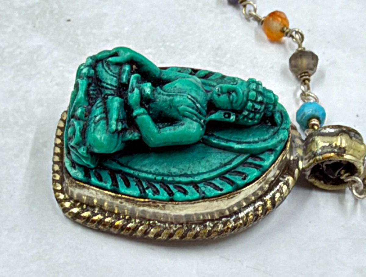 Silver Necklace Crystals on Chain Handcrafted Inlaid Turquoise Shakyamuni 3D