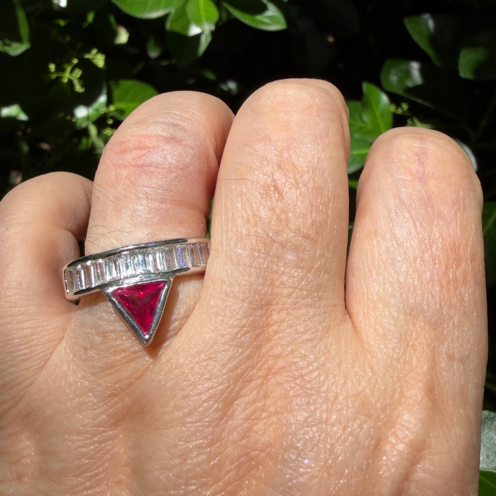 SYNTHETIC RUBY / PINK SAPPHIRE BAGUETTE RHINESTONES GEOMETRIC RING SILVER TONE