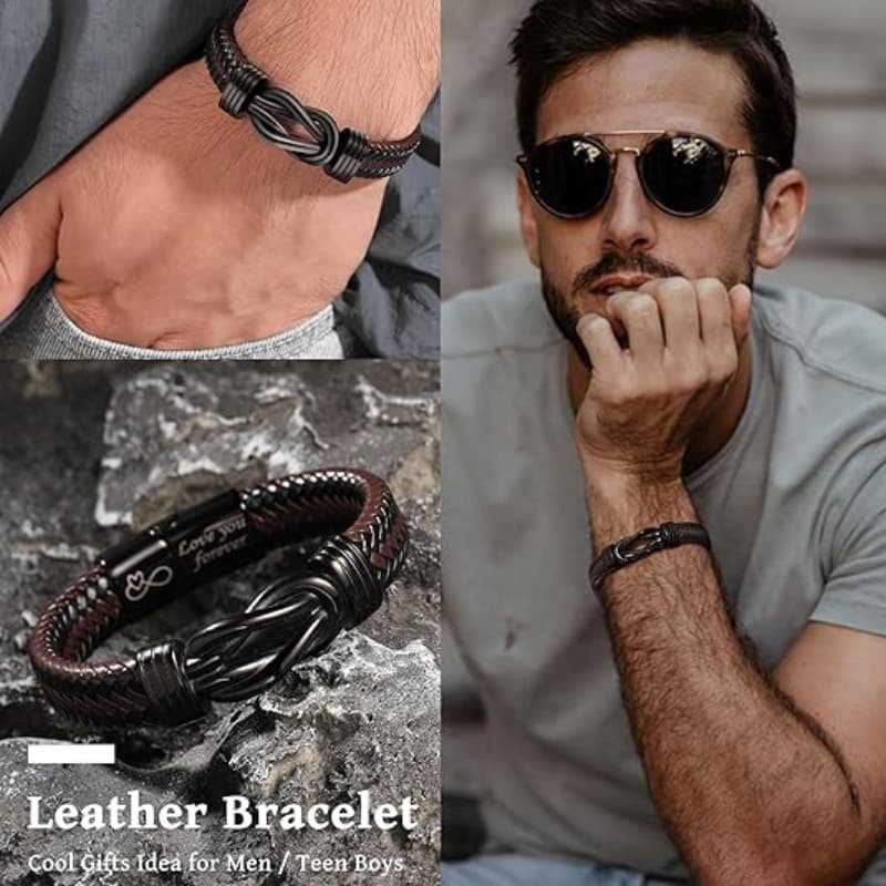 Men’s Braided Leather Bracelet Magnetic Locket Bangle Cuff a Card for the Son