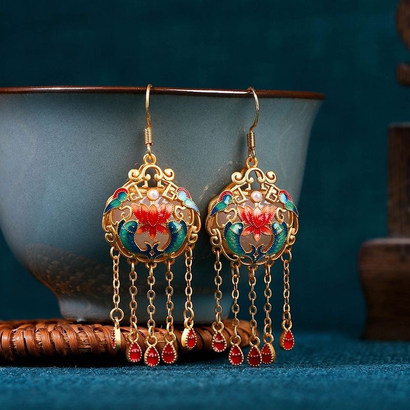 Chinese Enamel Fish Tassel Earrings Vintage Style Traditional Women Jewelry