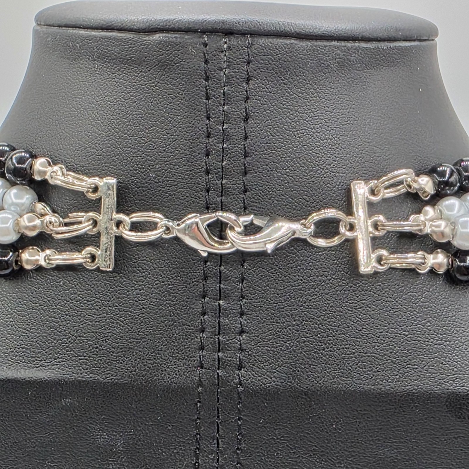 Multi-Strand Necklace Faux Pearl Black Silver Layered Old Money Grandmother