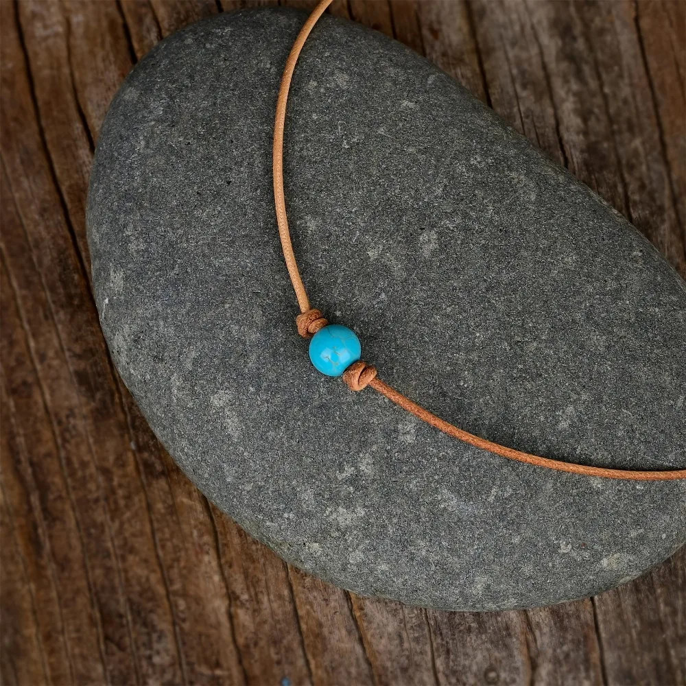 Bohemian Style Turquoise Bead Choker Necklace, Simple Vintage Retro Leather Cord