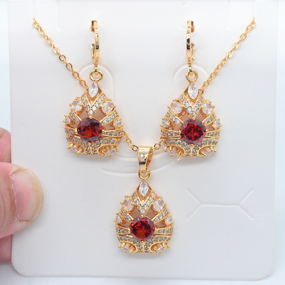18K Yellow Gold Filled Green Topaz Water Drop Earrings & Pendant Jewelry Set