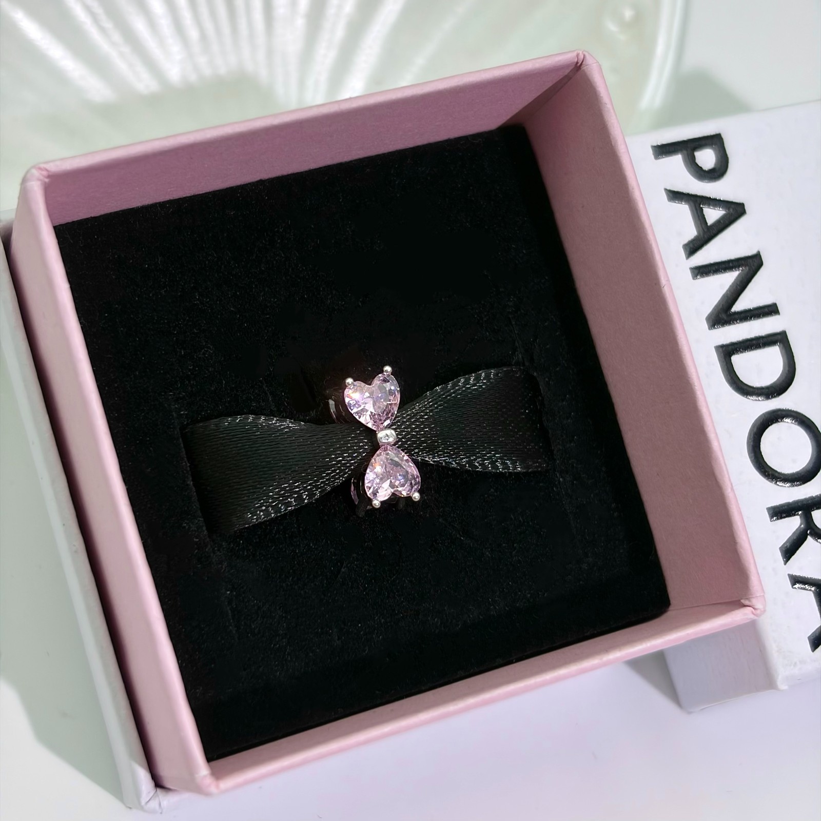 100% NEW #794253C01 PANDORA Heart Shaped Crystal Pink Bow Charm WITH BOX