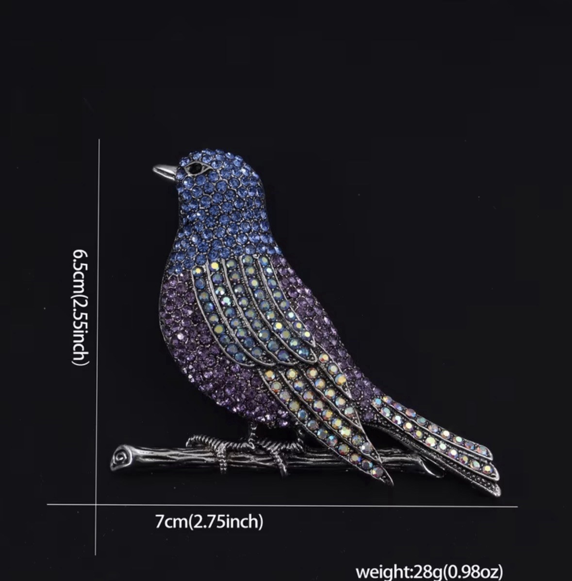 Rhinestone Bird Brooch Blue Purple Crystal Pin Vintage Style Statement