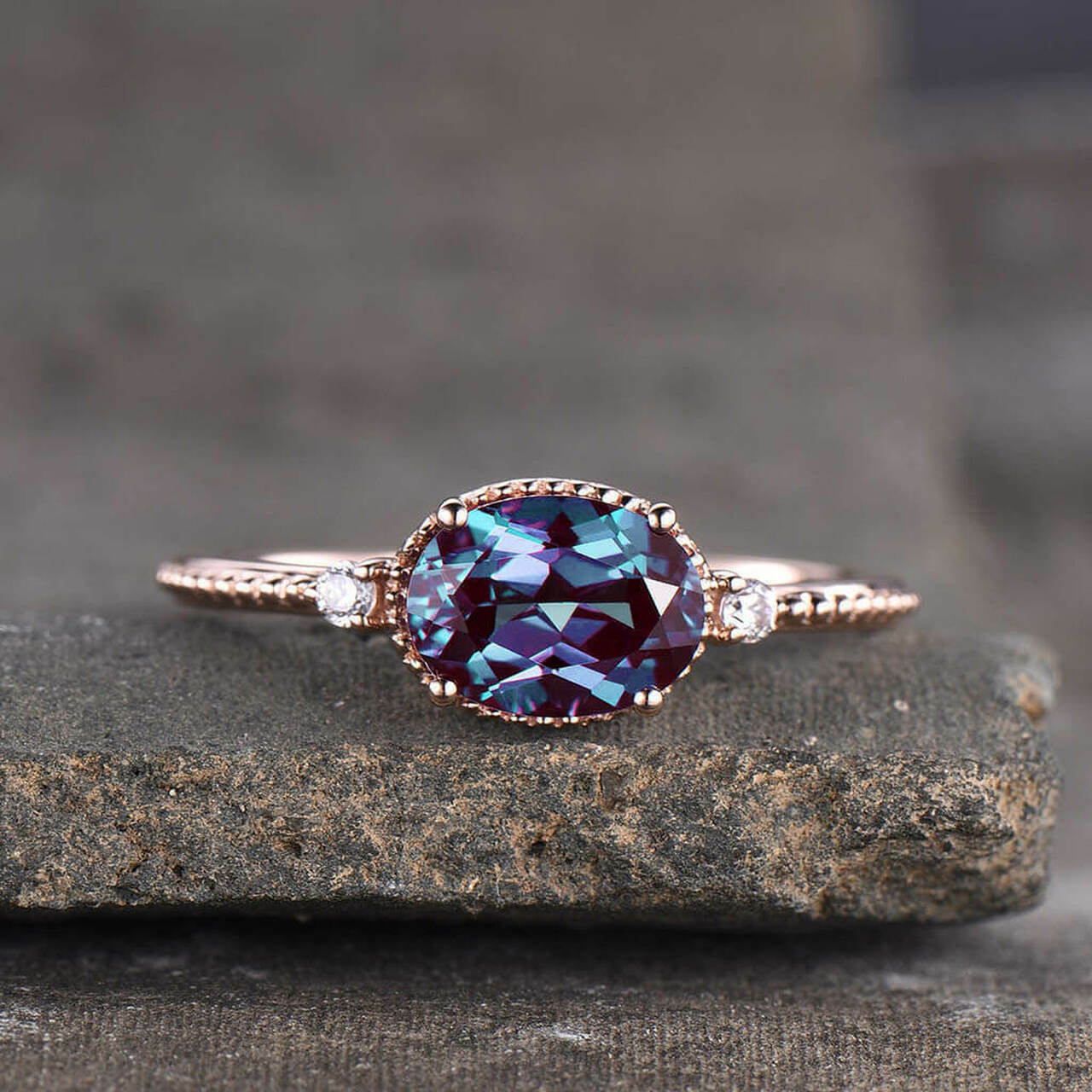 2Ct Oval Cut Simulated Alexandrite Engagement Ring 14K Rose Gold Plated
