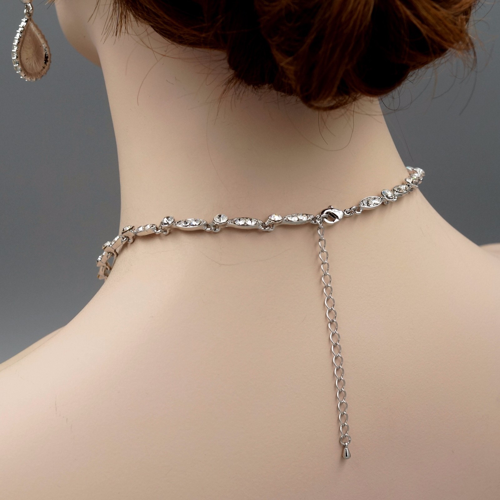 Women Clear Crystal Teardrop Necklace Pendant Earrings Wedding Jewelry Set 9151