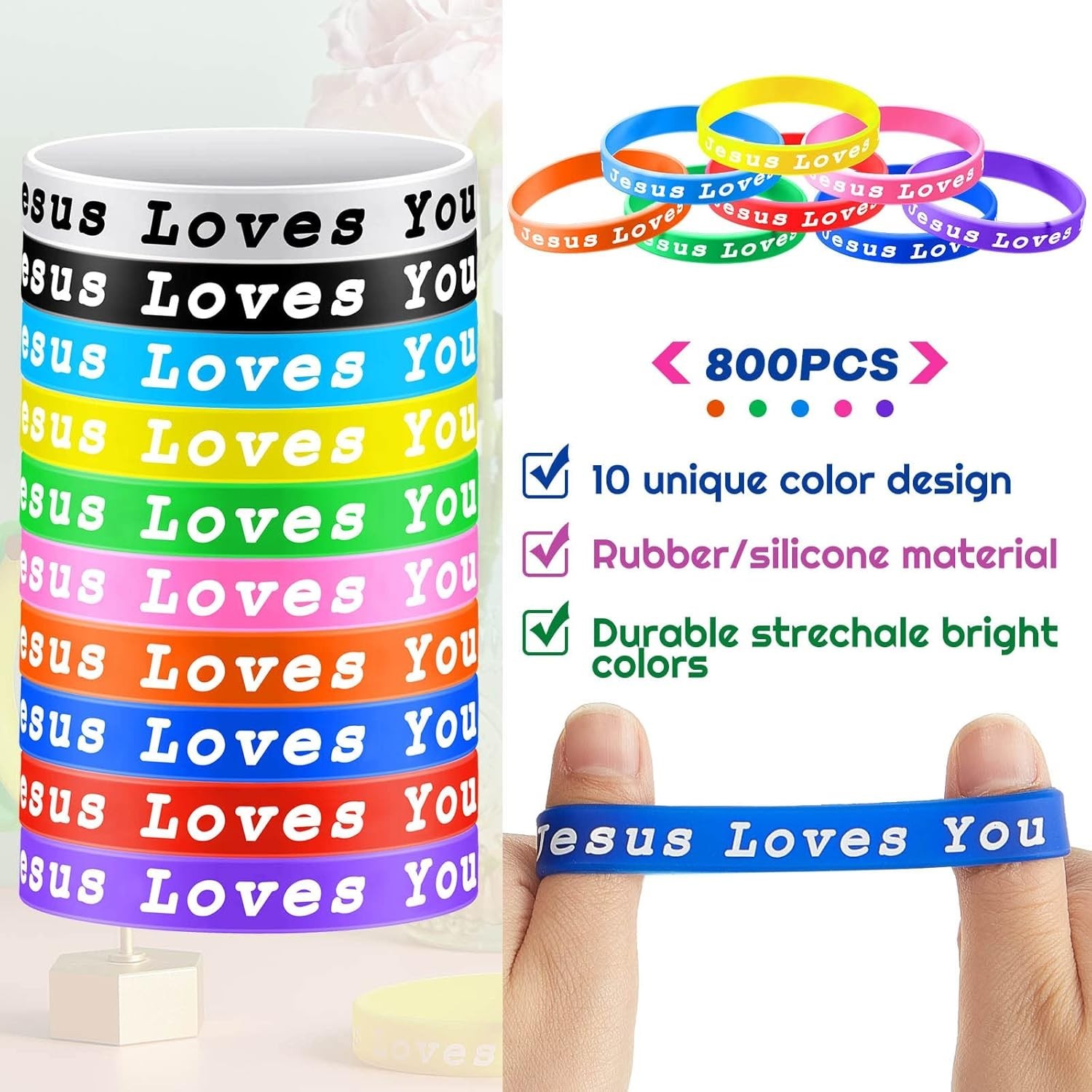 Assorted Colorful Jesus Loves You Silicone Bracelets for Teens Adults 10 Count