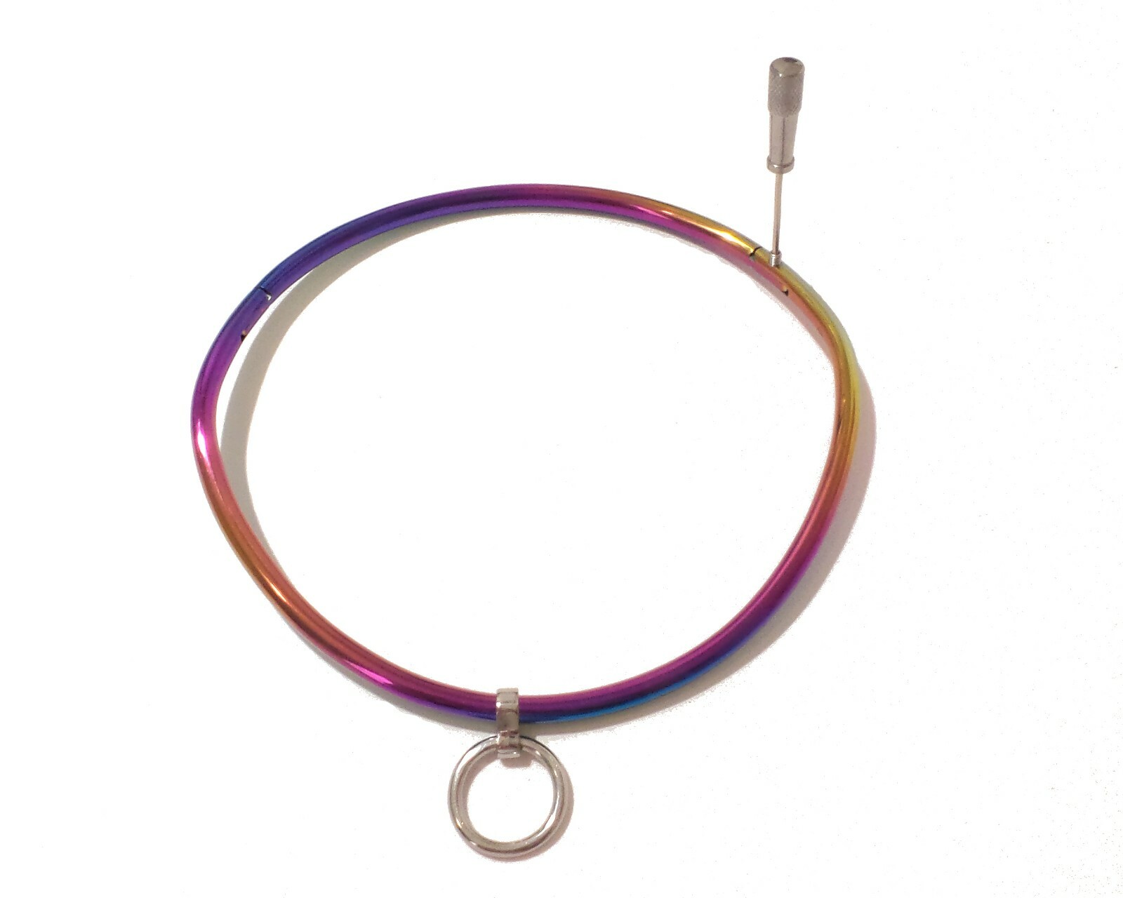 16″ 6mm Rainbow Petite Thin Locking Collar Stainless Curved Choker Collar w/Ring