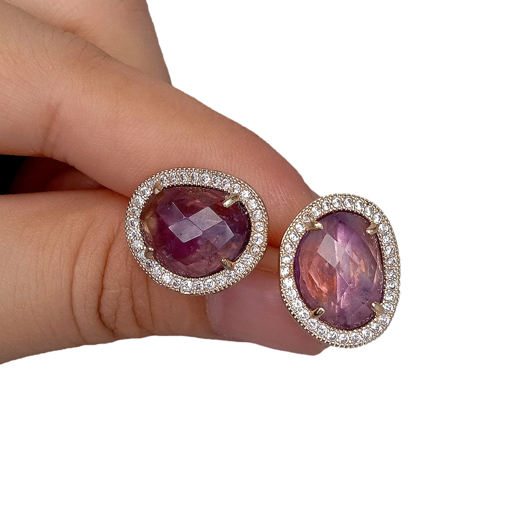 Natural Bezel Set Faceted Purple Amethyst Cubic Zirconia Pave Stud Earrings