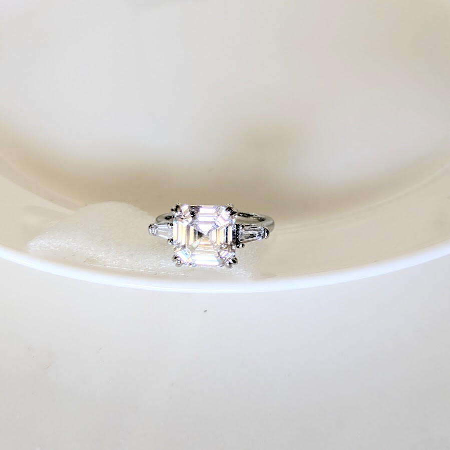 QVC Diamonique Epiphany Platinum Clad 3 Stone 3 Ct. Asscher Cut Ring -Size 9-NEW