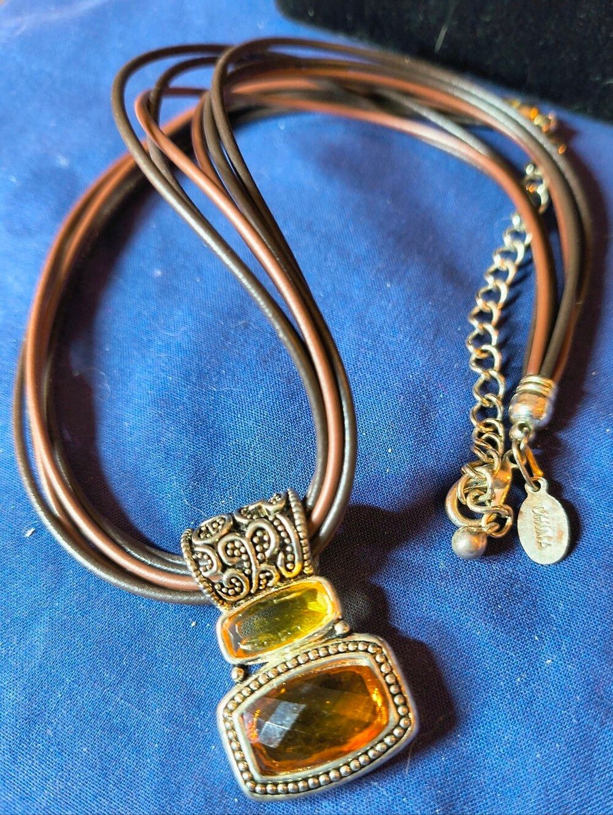 Vintage Cookie Lee Multi Strand Faux Leather Necklace Amber Glass Pendant Boho