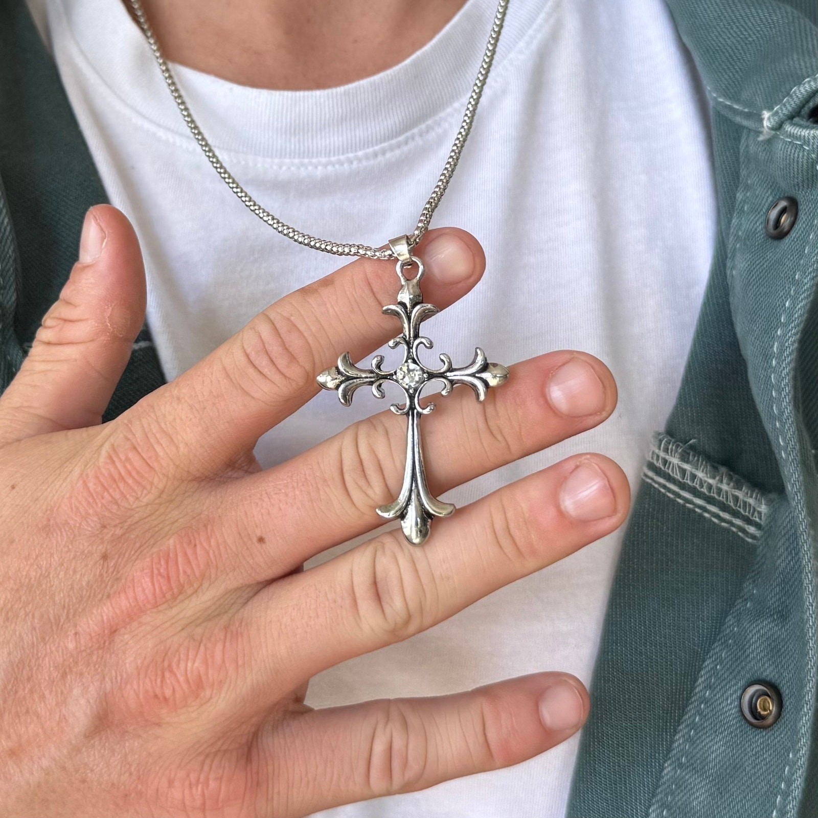 Silver Gothic Cross Pendant Necklace Unisex Stainless Steel Jewelry New