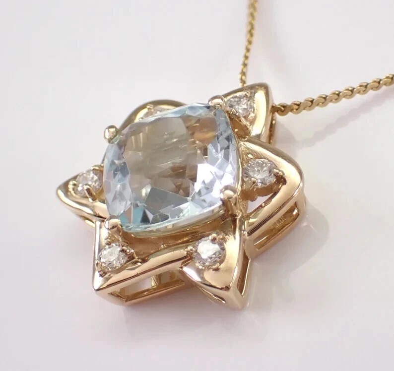Cushion Cut Simulated Aquamarine Star Pendant Chain In 14k Yellow Gold Plated