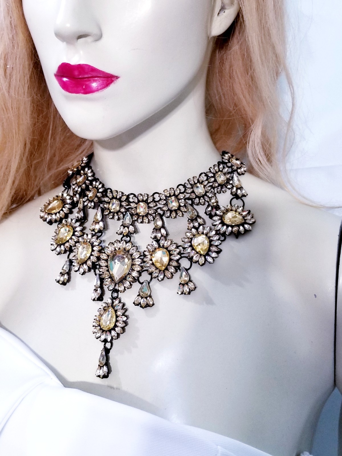 Topaz Statement Choker Rhinestone Necklace Bridal Prom Pageant Gothic
