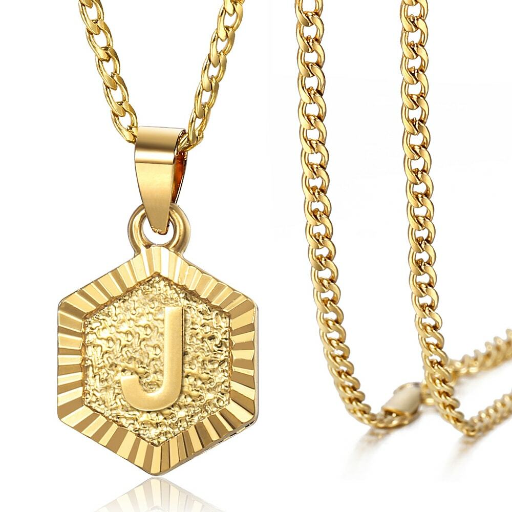 Hexagon Gold Plated Initial Necklace Letter Pendant Multi Chain Women Men Unisex