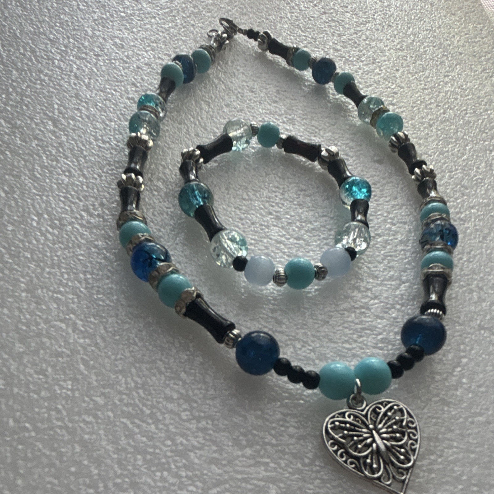 Blue & Black Glass Beaded Jewelry Set Necklace Bracelet Heart Charm