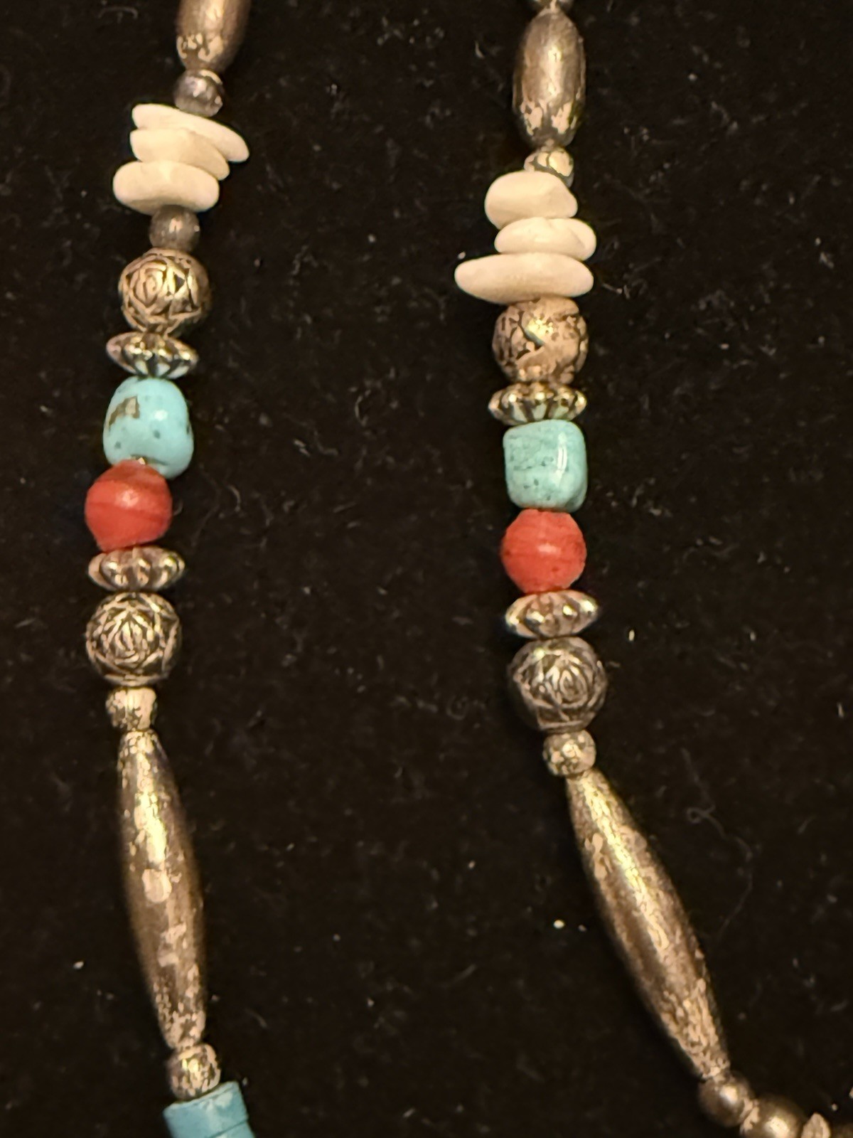 Turquoise & Coral Beaded Necklace Bear Charm Pendant, Multicolor Barrel Closure