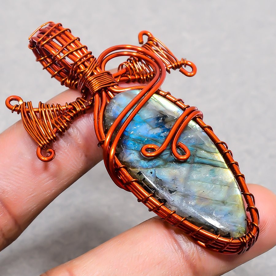 Labradorite Pear Shape Gemstone Wire Wrap Copper Jewelry Pendant 2.5″ PG 1838