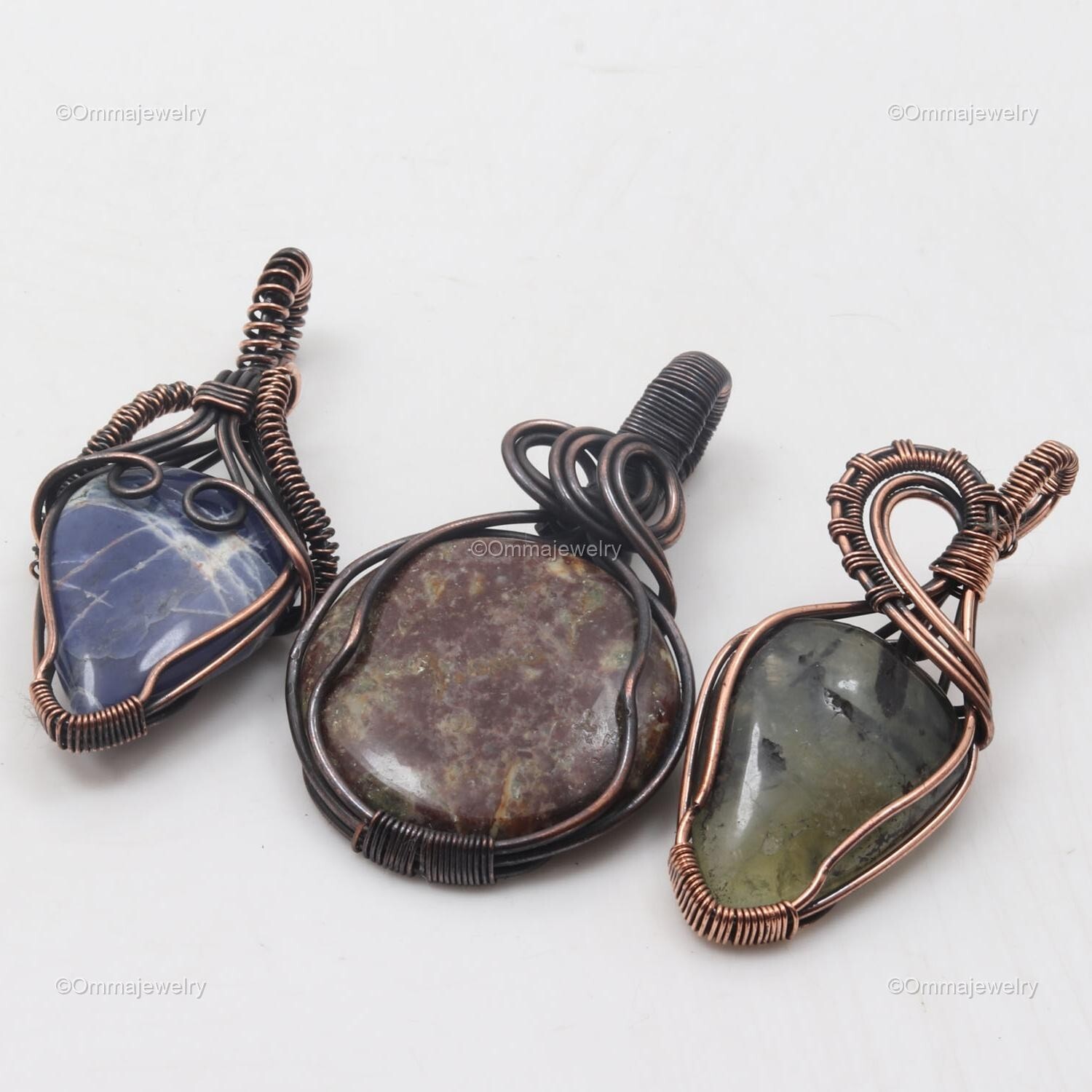 Moss Prehnite Sodalite Wire Wrap Pendant Handcrafted Copper Unique Jewelry