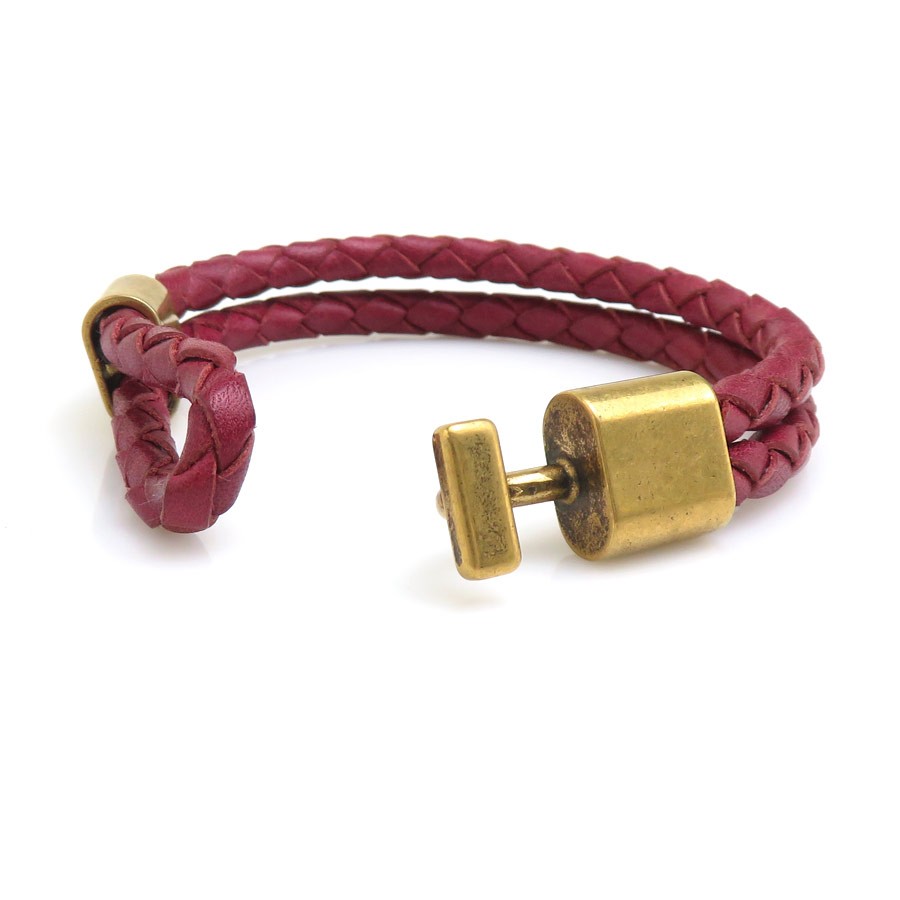 Auth SAINT LAURENT Bracelet Bordeaux/Gold Leather/Metal – r11338a