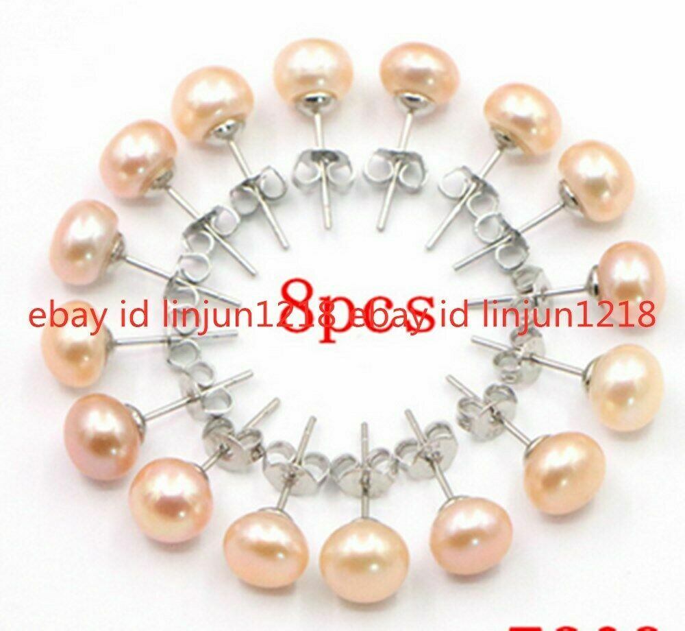 Lot 8 Pair 7-8mm White Pink Purple Black 925 Sterling Silver Stud Pearl Earrings