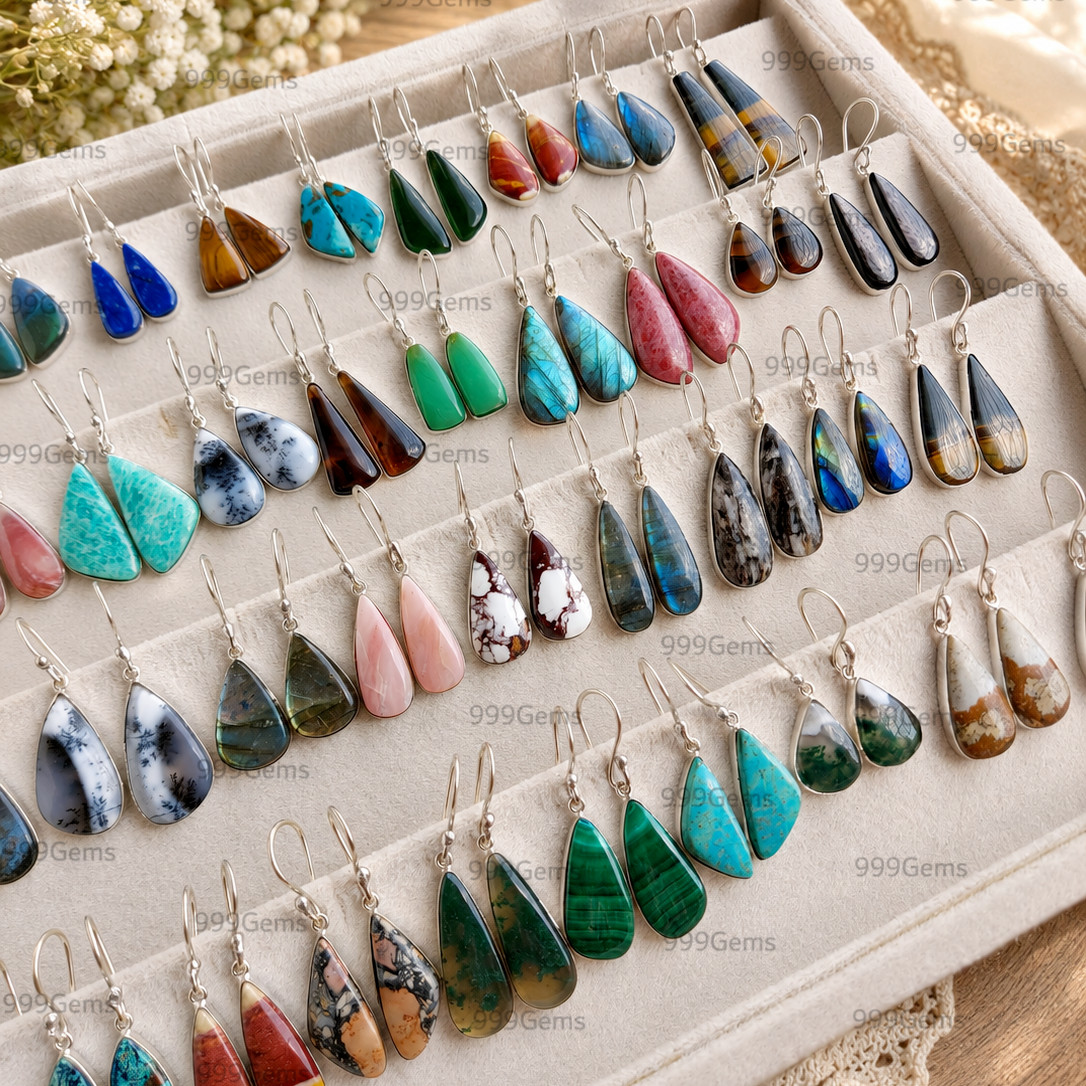 Natural Gemstone Earrings 925 Sterling Silver Plated Minimalist Jewelry Gift Lot