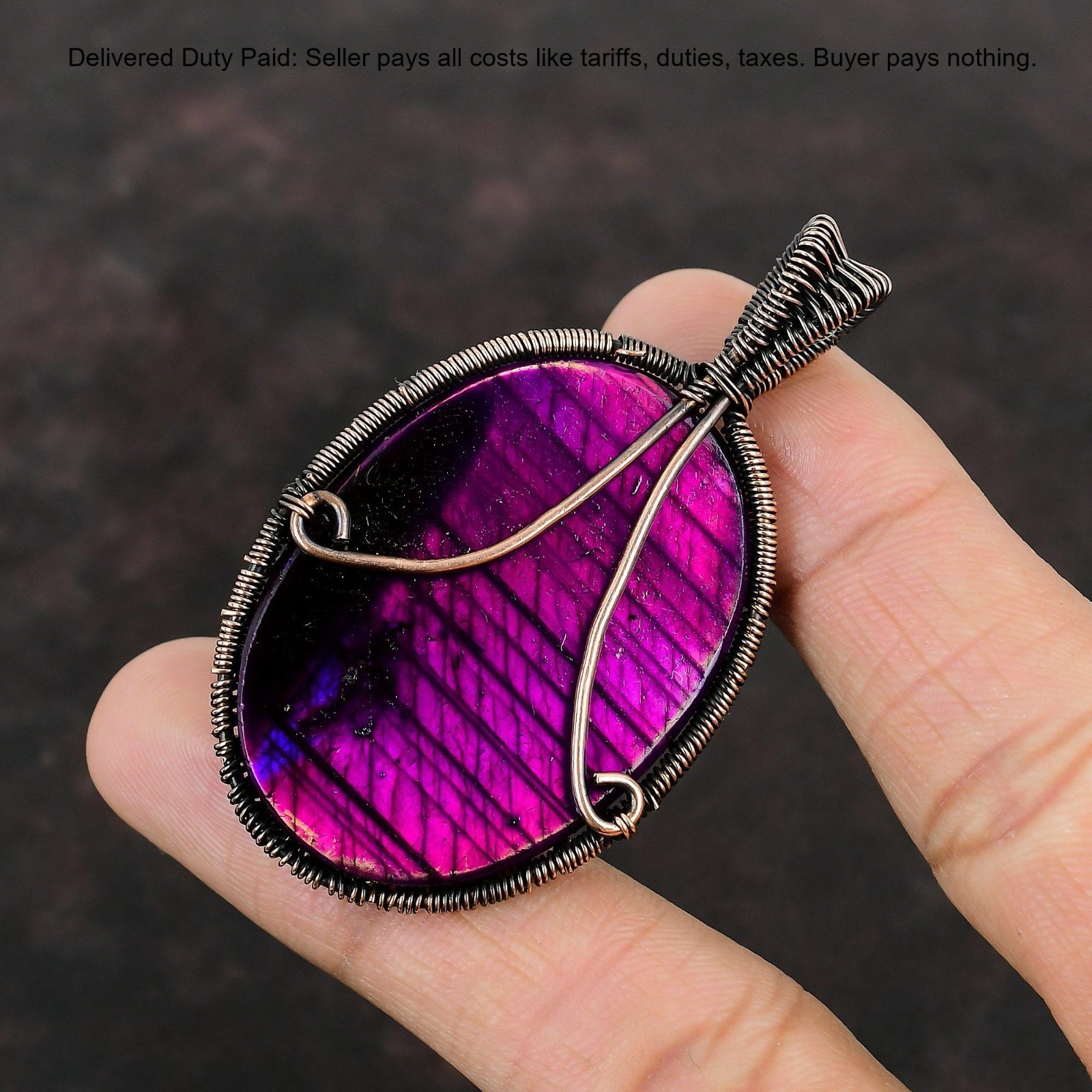 Copper Pink Fire Labradorite Gemstone Wife Tree Of Life And Wire Wrapped Pendant