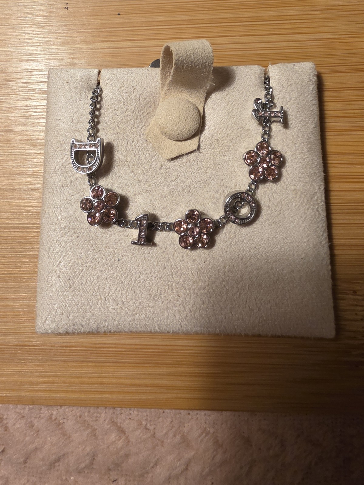 Dior Signed Silver Tone Charm Chain Bracelet Pink Crystal Flower Charms
