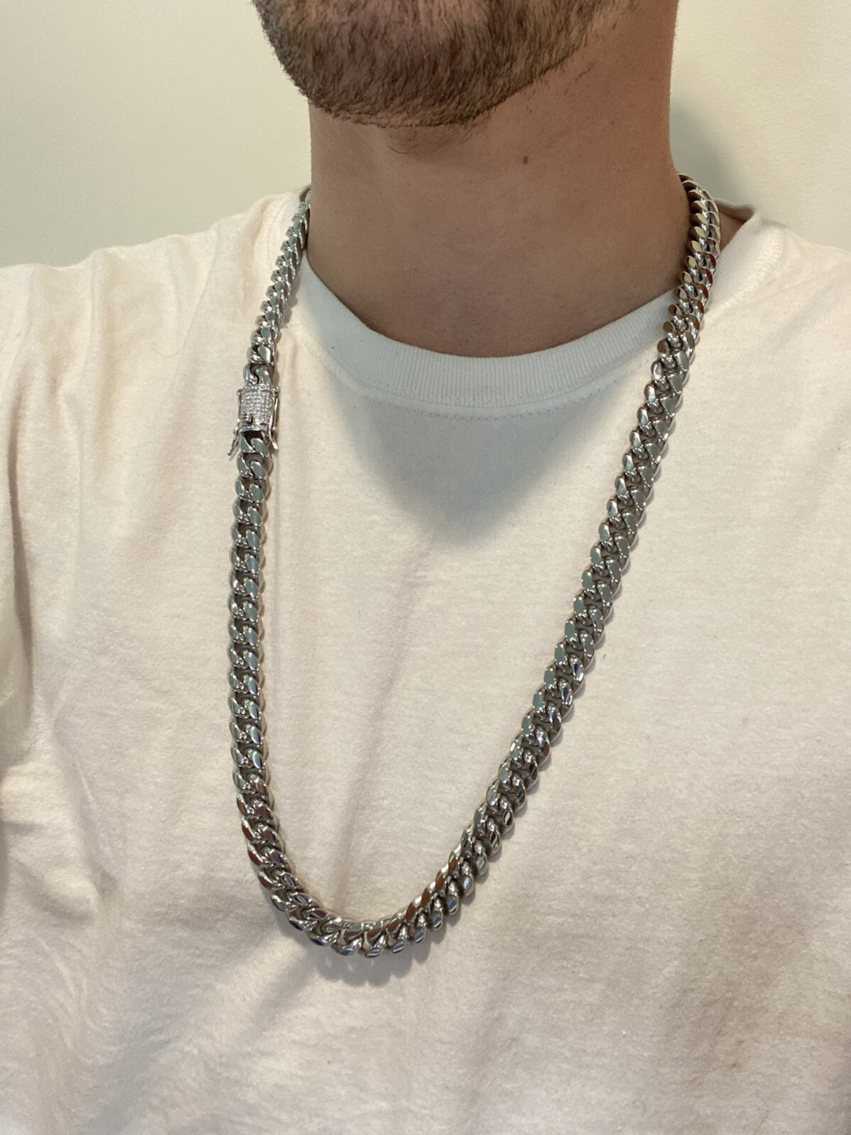 Miami Cuban Chain 14k White Gold Plated SS Mens HipHop Iced CZ Clasp Necklace