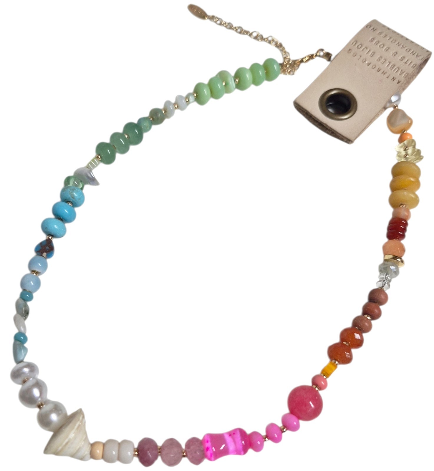 Anthropologie Beaded Shell Charm Necklace Multi-Color Gold Plated Brass New