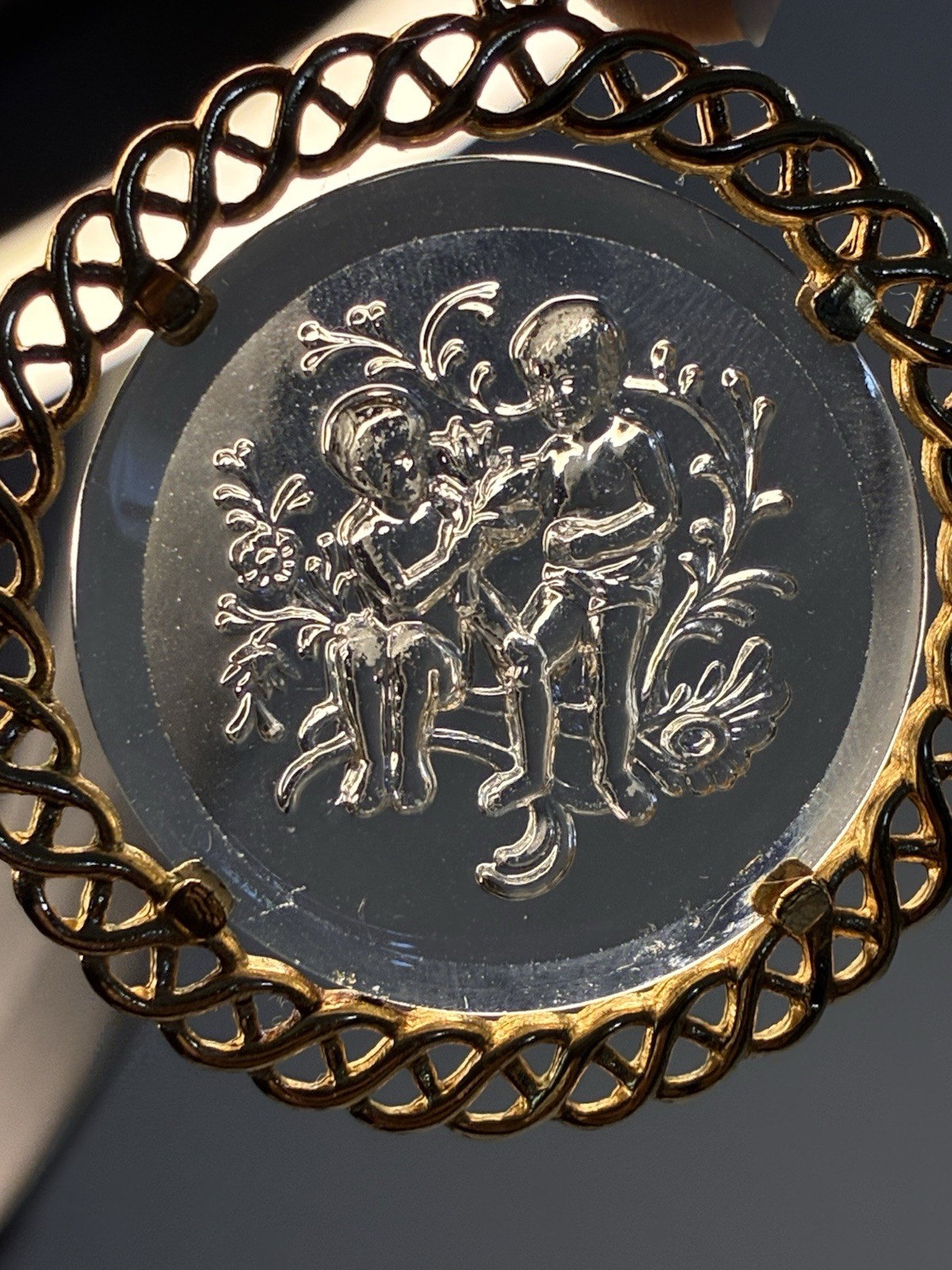 Trifari Gold Tone Round Clear Glass Intaglio Cameo Pendant, Signed
