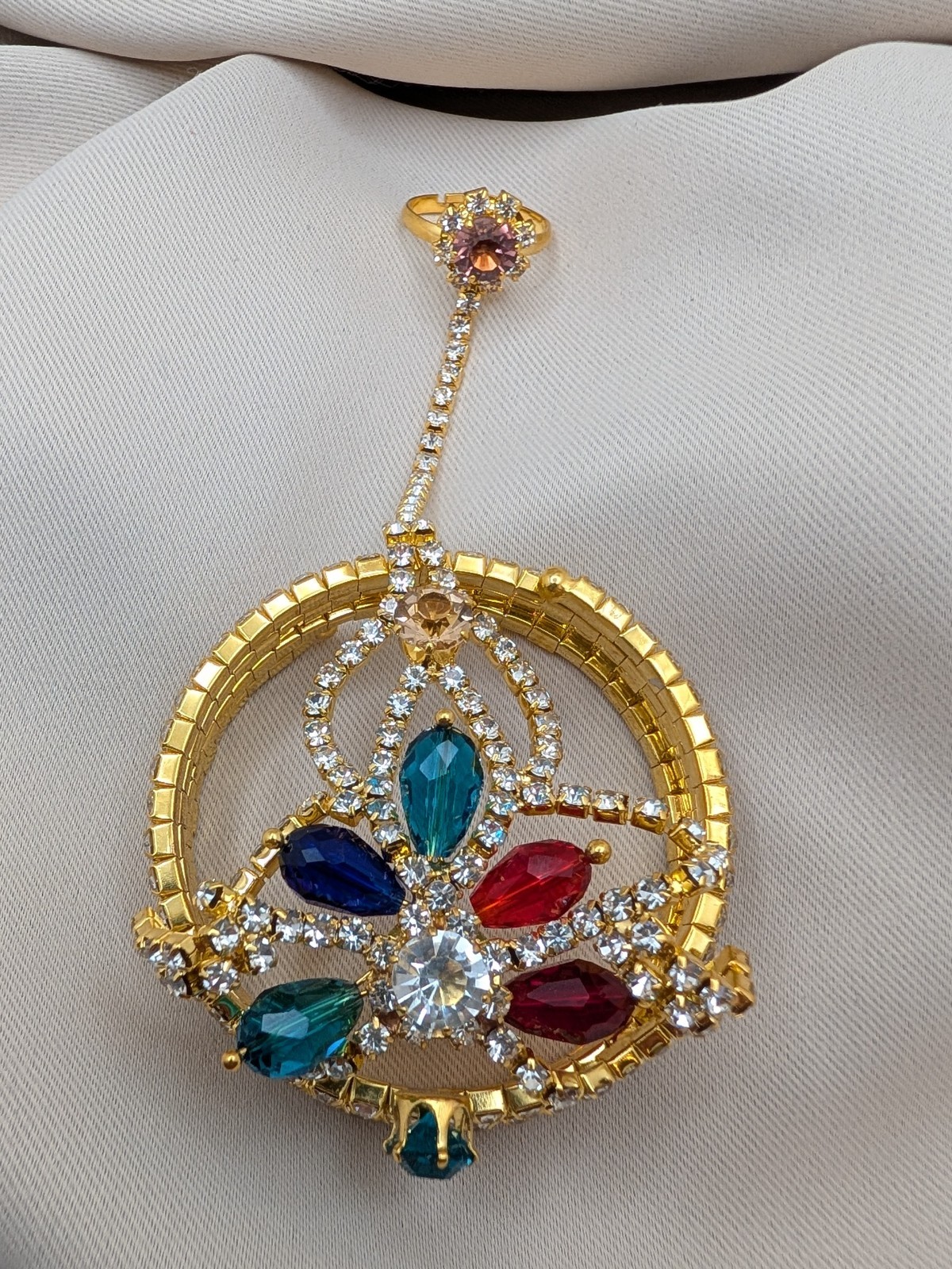 Vintage MULTI-COLOR FLORAL RHINESTONES Indian HAND CHAIN BRACELET & RING/SLAVE