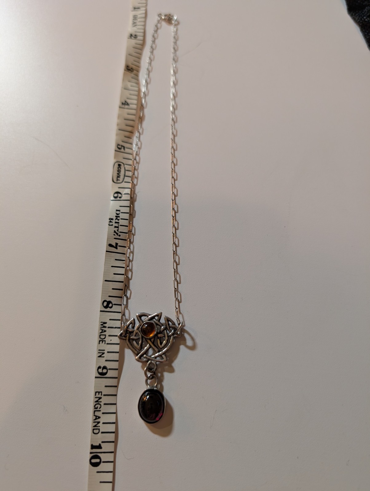 Sterling Silver Celtic Knot Oval Garnet and Round Amber Cabochon Chain Necklace