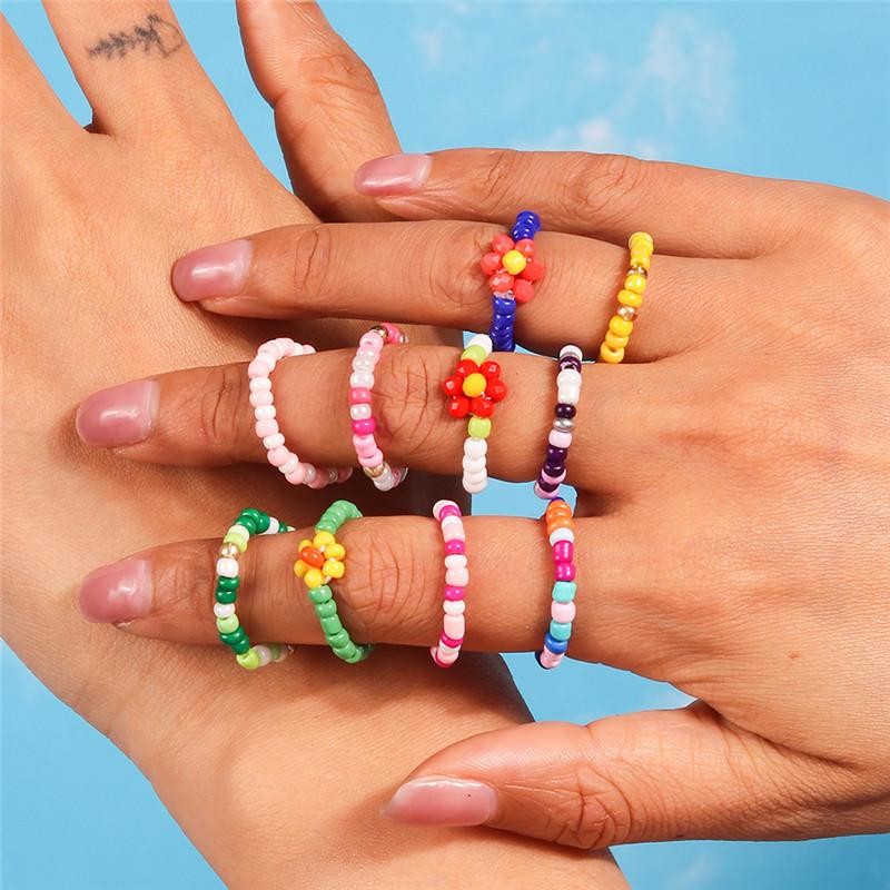 Bohemian Handmade Colorful Flower Beaded Ring Set for Women Beach Jewelry Gift