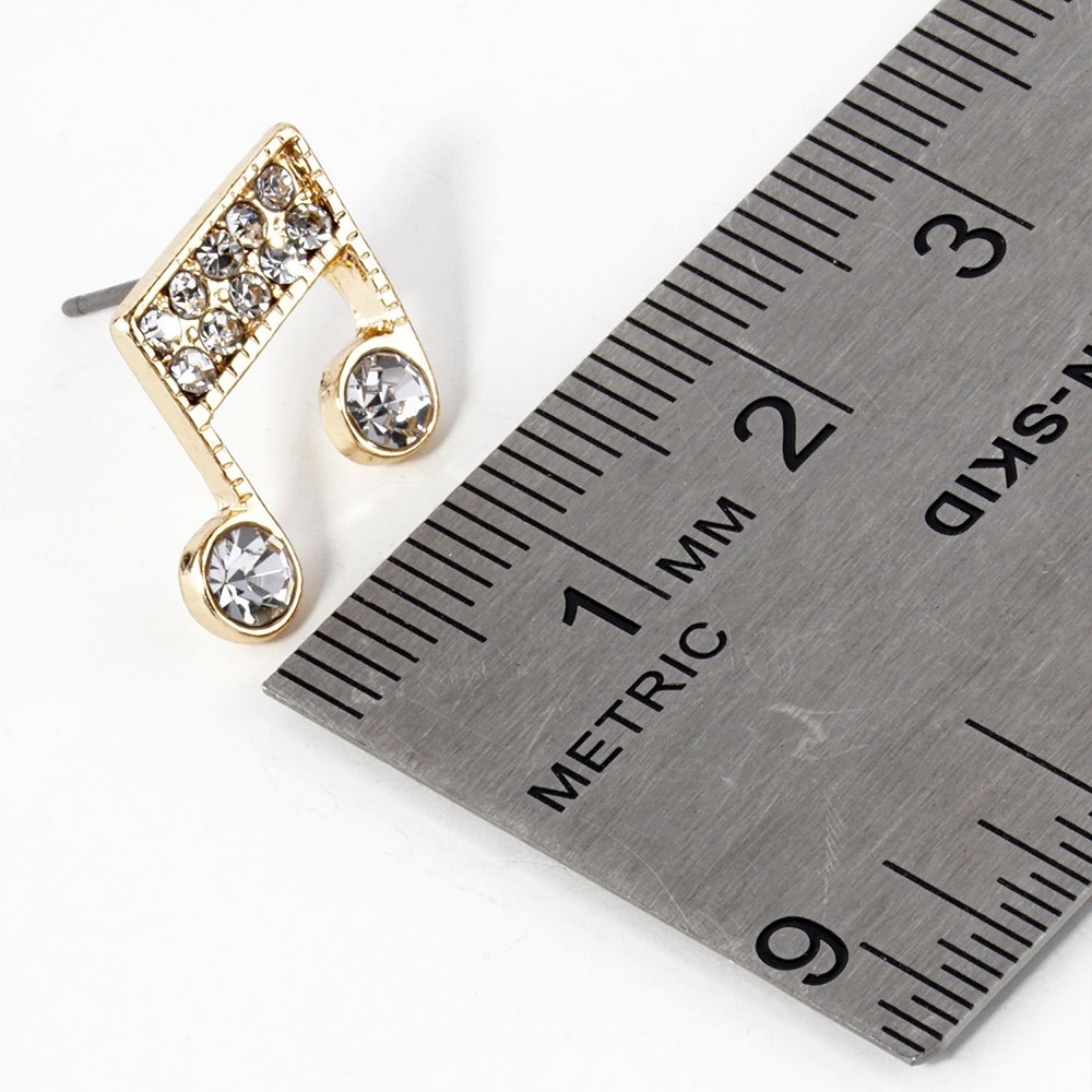 Rhodium Silver toned Crystal Paved Music Note Stud Earrings