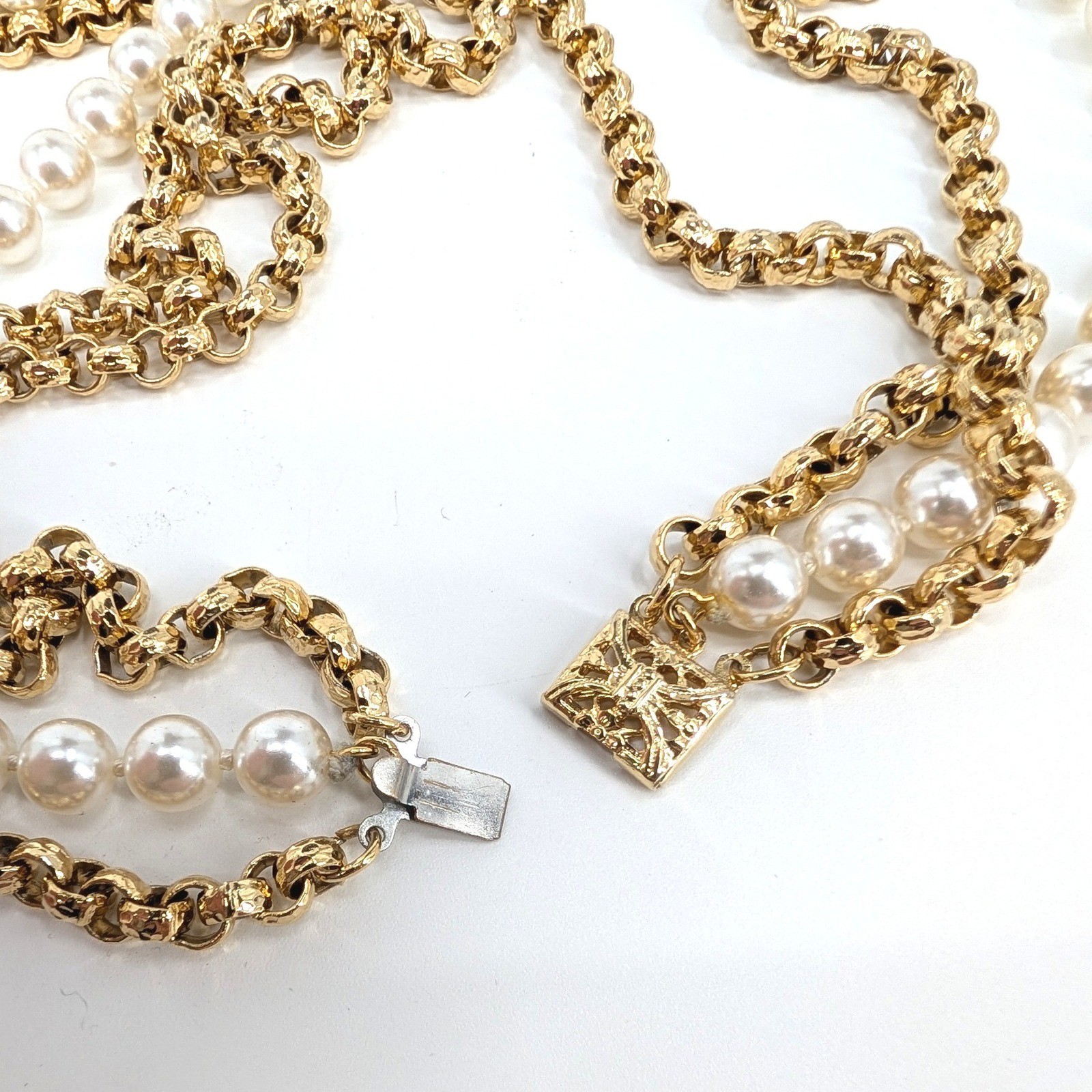 Triple Strand Faux Pearl Gold Tone Rolo Chain Necklace Filigree Clasp 23″
