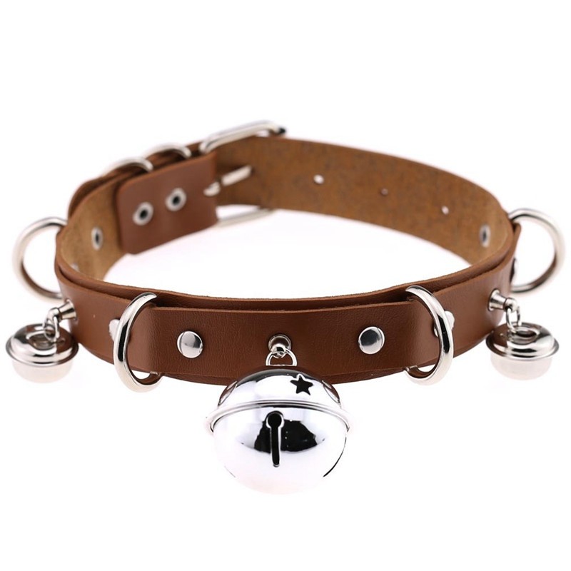 Womens Necklace Bondage Punk Gothic Choker Bell Collar Chain PU Leather