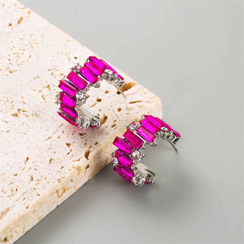 Inlaid Color Diamond C- Shaped Personality Simple Female Earrings Alloy