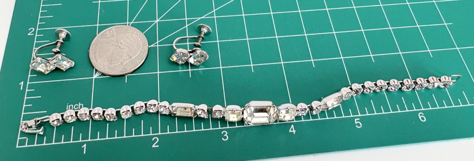 VTG 6.5″ Emerald Cut Cubic Zirconia Bracelet with Emerald Cut CZ Earrings Set