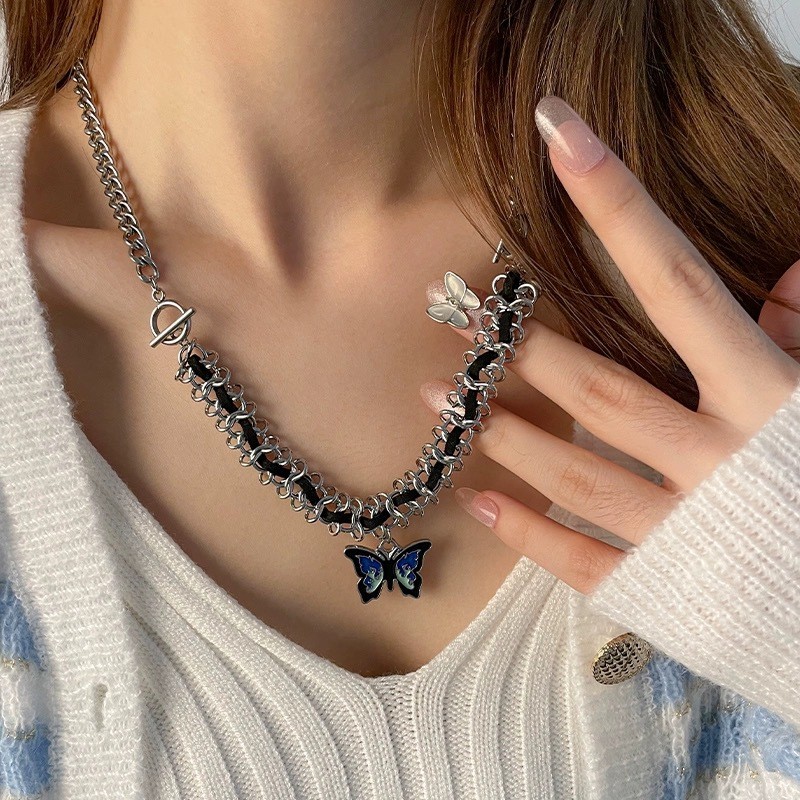 Silver Thorn Chain Butterfly Choker Necklace Blue Enamel Butterfly pJewelry