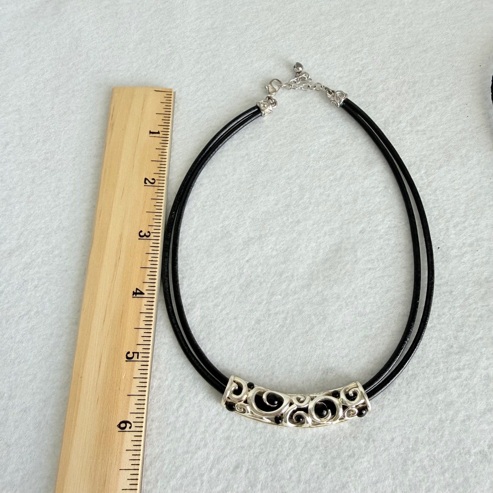 Two VTG Black Cord Statement Necklaces Silver Tone Filigree & Fringe Pendants