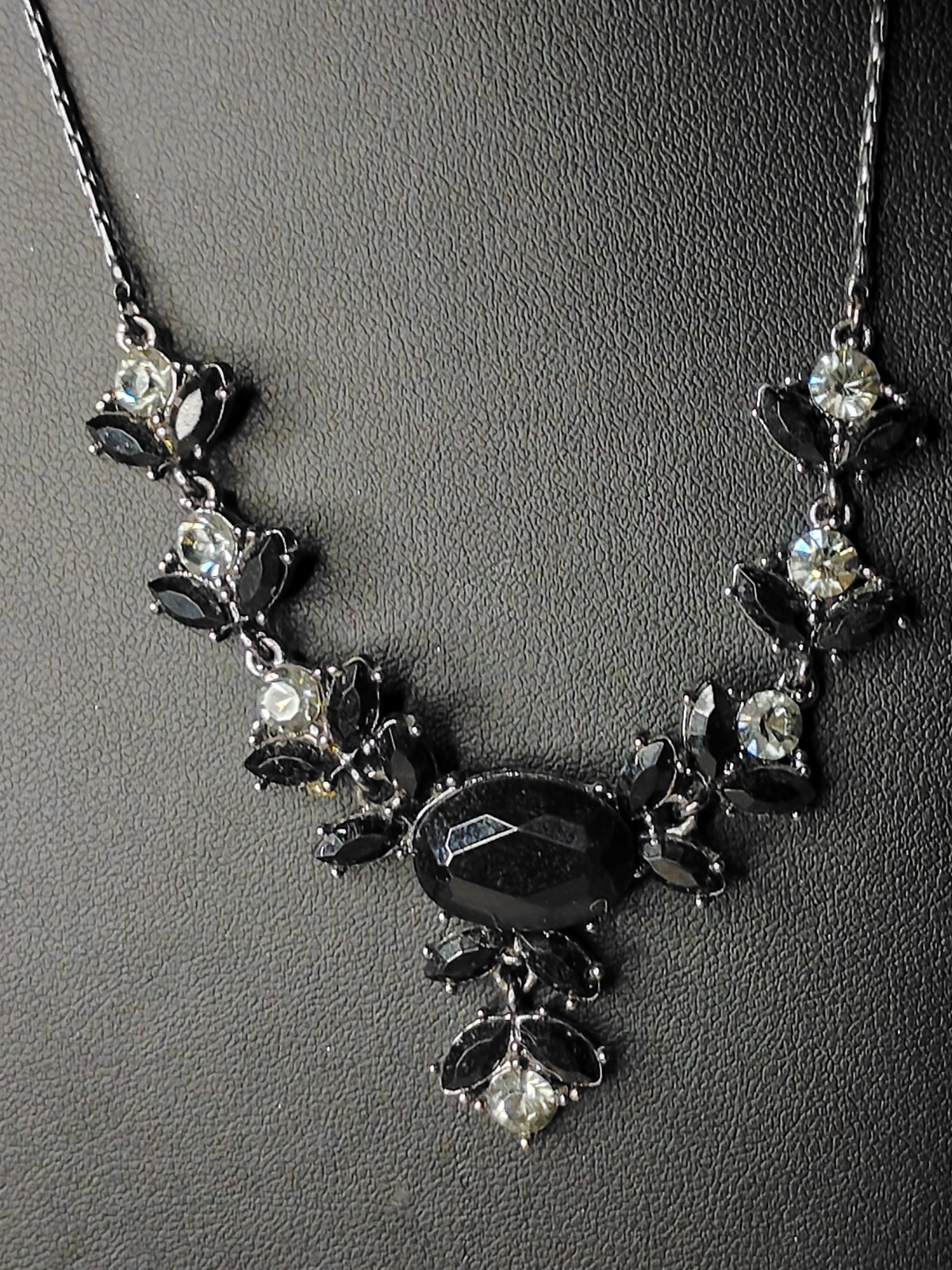 Signed Avon SP Black Rhinestone Statement Bib Necklace Gothic Floral Adjustable