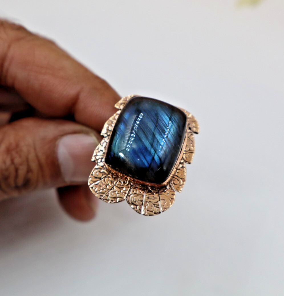 Blue Fire Labradorite Ring TexturedCopper Handmade Ring Bohemian Gift US” 7.5