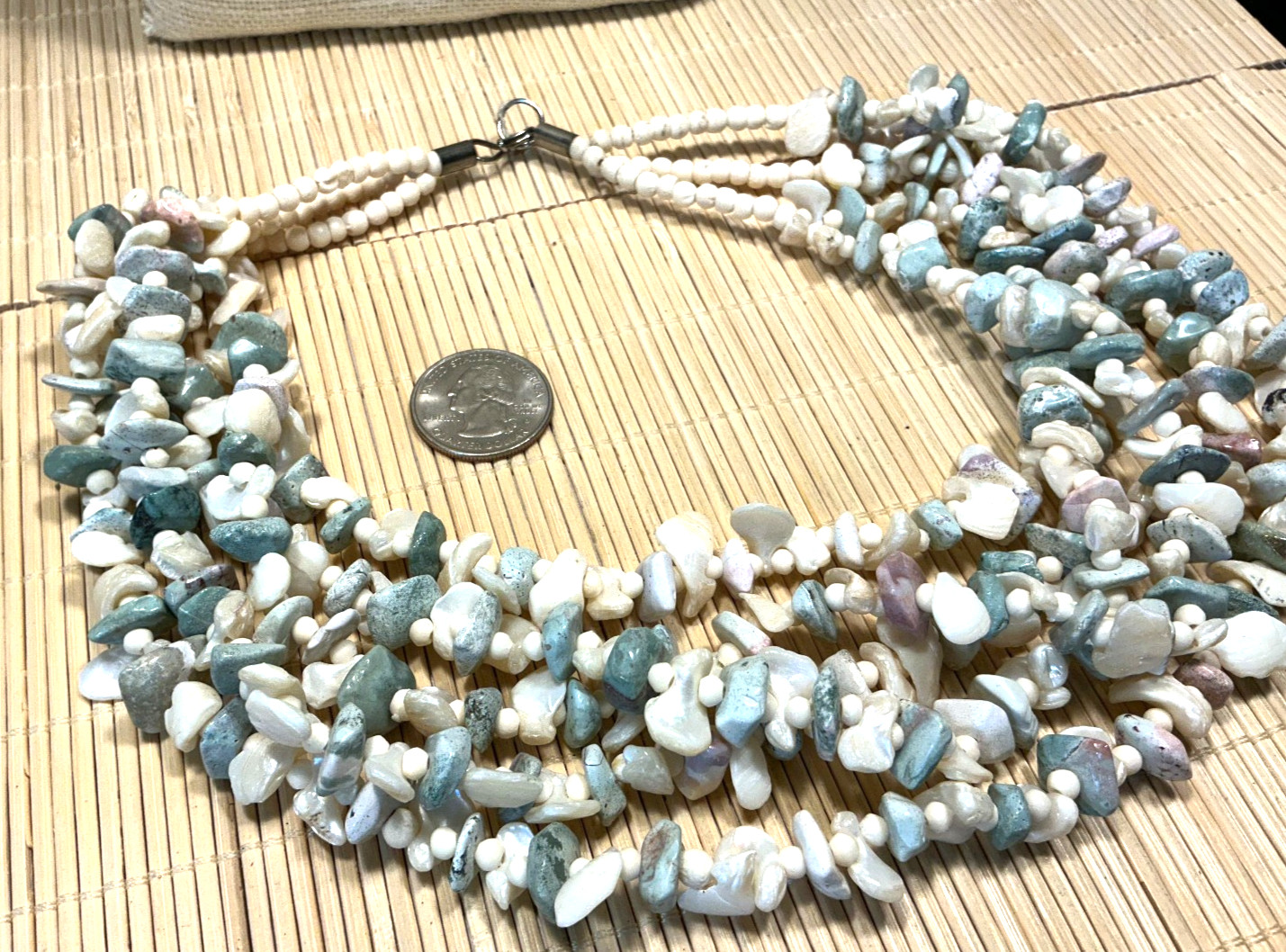 Ethnic Necklace Mother of Pearl Turquoise Chip Bead Multi Strand Choker Lot 103A