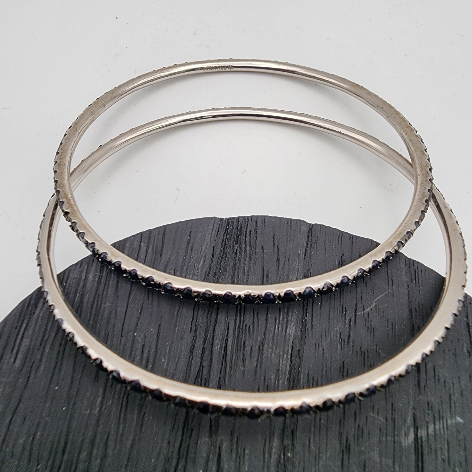 925 Sterling Silver Black Spinel Sapphire Eternity Bangle Bracelet Pair Stack 8